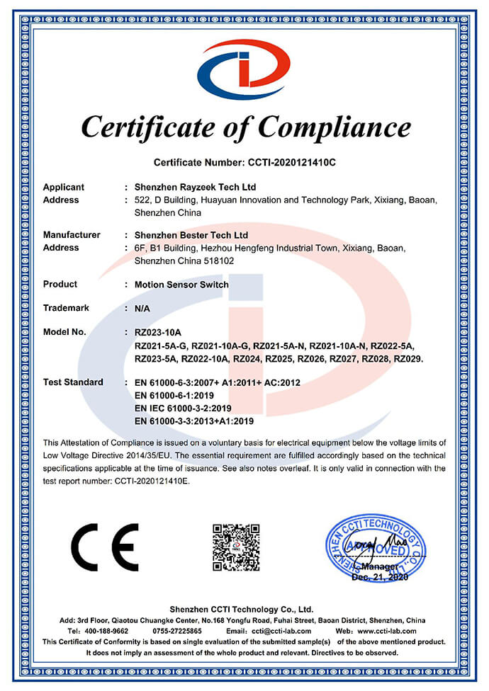 rayzeek motion sensor ce certification